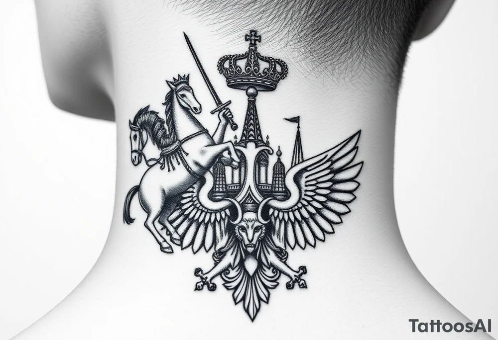 St. George slaying the dragon (hugely common in Russian Orthodox art)
Russian imperial crown above the eagle
Crossed swords or a Russian sabre
The Kremlin or St. Basil's Cathedral scene tattoo idea