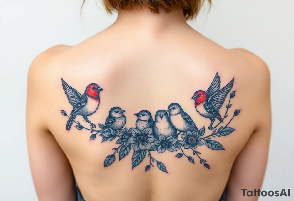 Mom bird and three baby birds with flowers tattoo idea