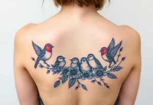 Mom bird and three baby birds with flowers tattoo idea