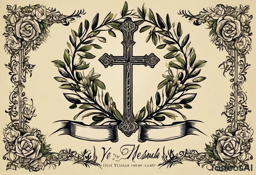 olive branch on wirst at bottom shaped like a manura lamp. A cross above that with smallers olive and rose branches and roses arount it with a crown above the cross on bothe sides small hebrew letters that say king of glory and the other says yeshua messiah in hebrew tattoo idea