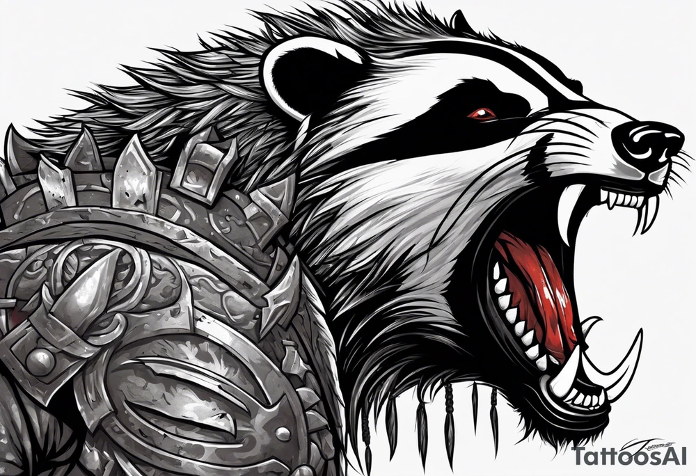 Draw me psychopath Badger/Berserker with aggressive full body, killer face with a scary smile, very long nails and he attacks like a Bloody Assassin/Warrior/Gladiator to us and also, he has very deadly looking. He fights with his nails. Everybody scares after their first sight. Give me horror type Badger Tattoo. I want to see his Realistic full body. tattoo idea