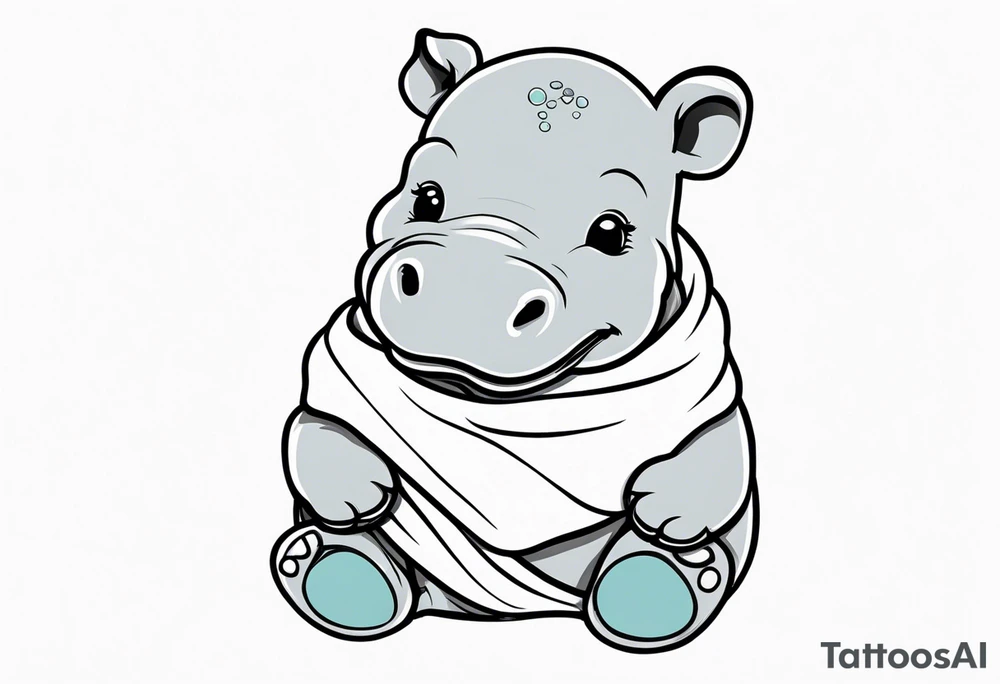 Baby hippopotamus wrapped in a swaddle and holding a pacifier tattoo idea