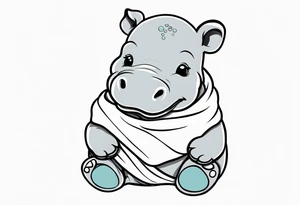 Baby hippopotamus wrapped in a swaddle and holding a pacifier tattoo idea