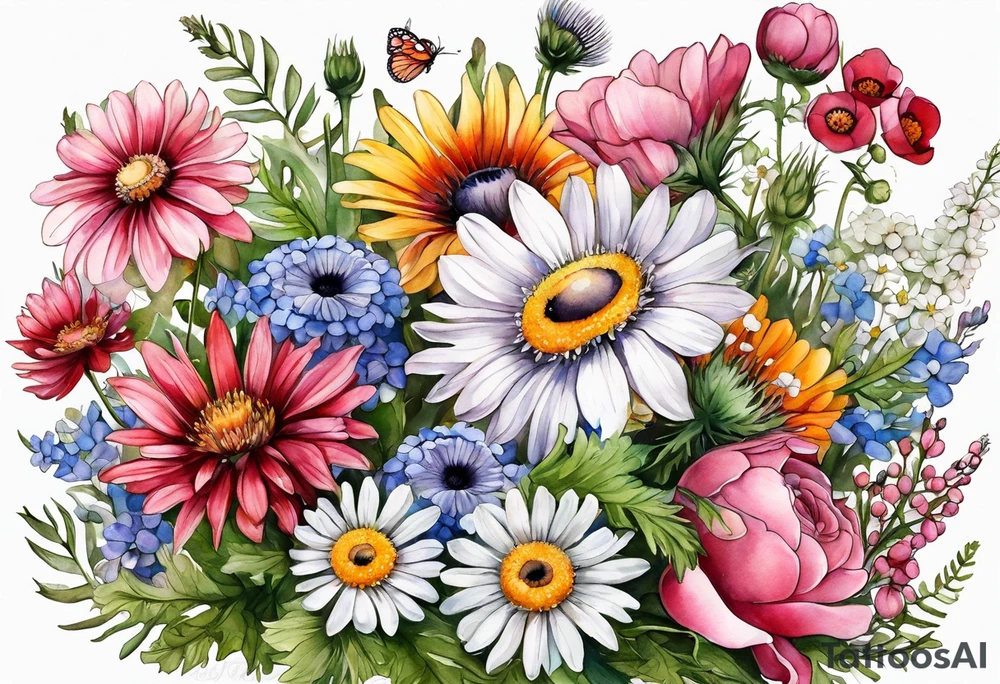 and oval of wildflowers cascading with thistles, ferns, white anemones, sun flowers, buttercups, pink flowers, red flowers, babys breath and daisies all in watercolor tattoo idea