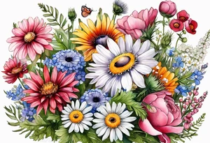 and oval of wildflowers cascading with thistles, ferns, white anemones, sun flowers, buttercups, pink flowers, red flowers, babys breath and daisies all in watercolor tattoo idea