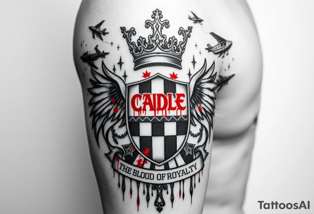 Men Doom Crest  with A Giant King Crown, CAUDLE written inside red, a chessboard, blood splatter on top of two  racing flags & OTF inside, The Words The Blood Of Royalty in red underneath the crest & 🌍 symbol in red outside of the crest, And raining blood drops, Jets/Airplanes/Helicopters/explosives flying above & Guns & Tanks & soldiers & knights plus ships tattoo idea