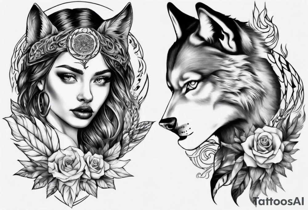 Half wolf half woman tattoo idea