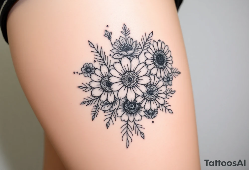 Bouquet of sunflowers, water Lillies, dahlias, marigolds, carnations, hydrangeas, daisys, and chrysanthemums tattoo idea