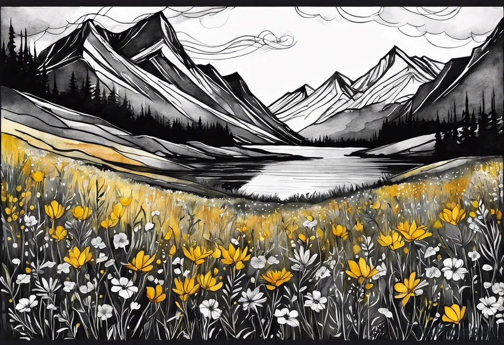 straight line - wildflower in watercolor represents overcoming challenges & strength - mountains, waves with a little sunshine tattoo idea