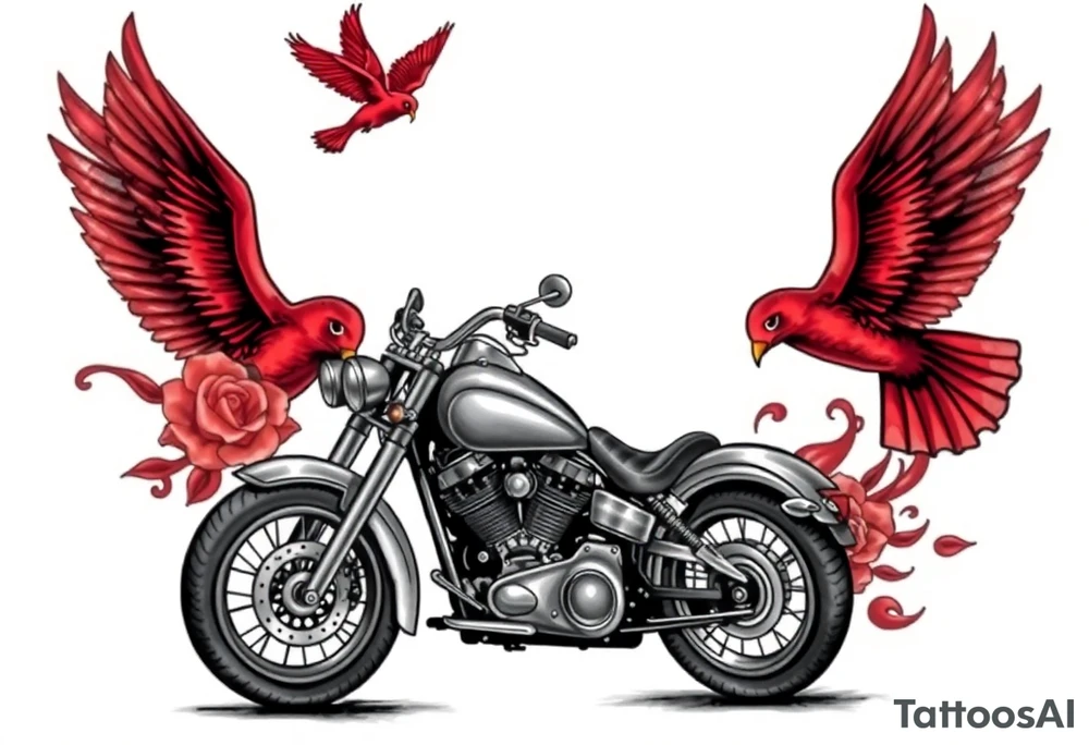 Harley grey motorcycle driving away, two red birds flying, roses and lace, flames tattoo idea