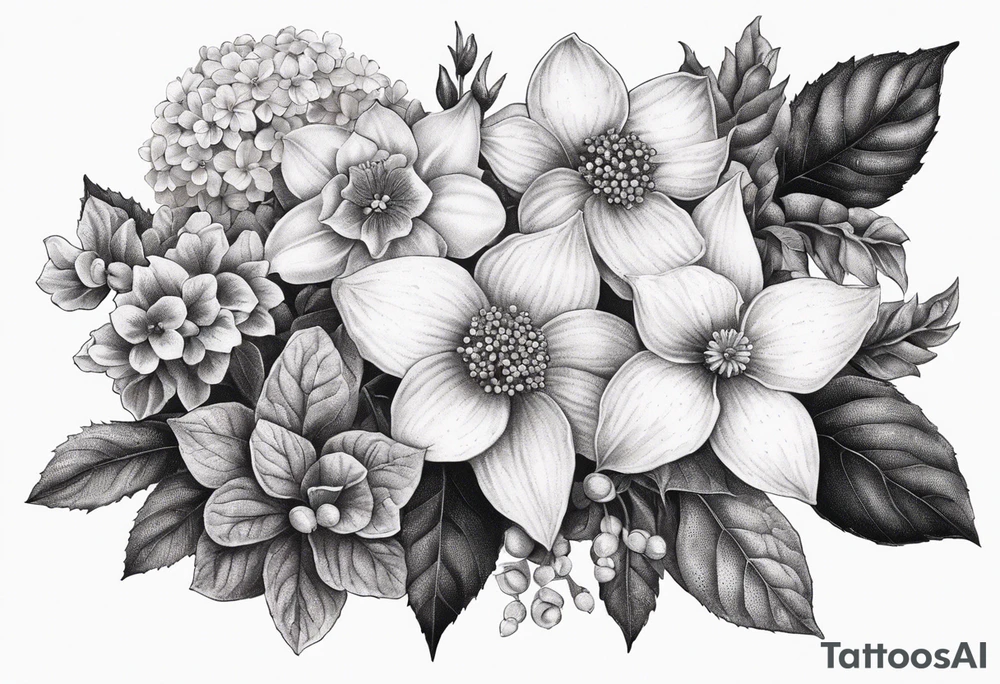 Hydrangea, Narcissus, Poinsettia, Holly, Gladiolus, Poppy, Daisy, Sweet Pea floral bouquet tattoo idea