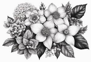 Hydrangea, Narcissus, Poinsettia, Holly, Gladiolus, Poppy, Daisy, Sweet Pea floral bouquet tattoo idea