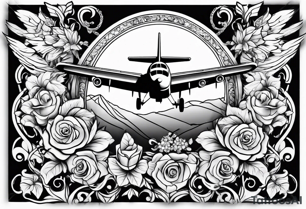 womens christian tattoo sleeve with flowers and a plane cross tattoo idea