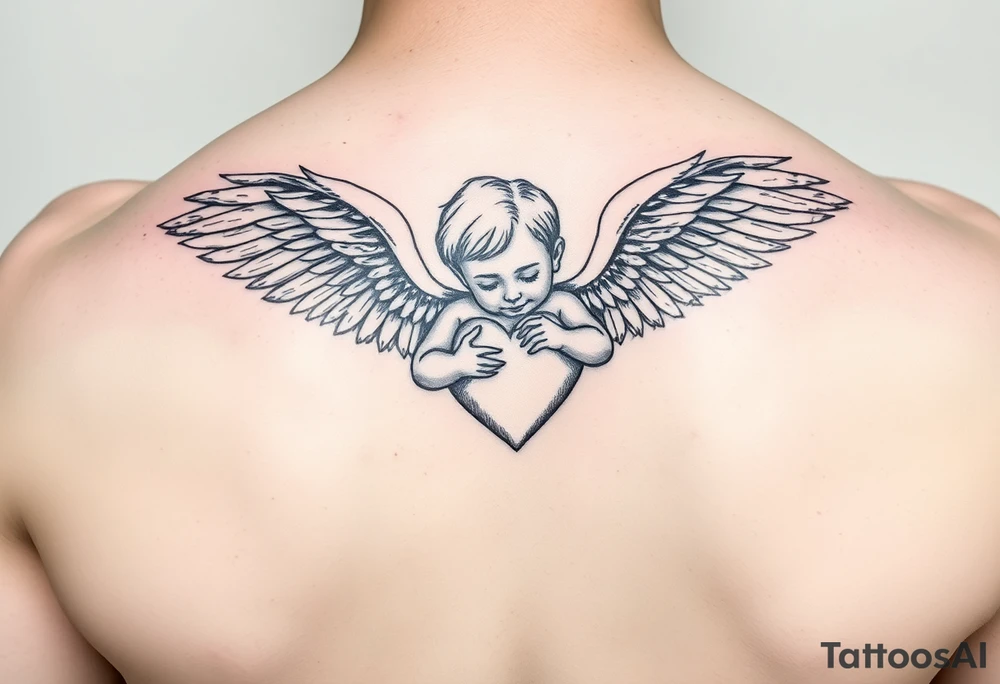 a child with wings hugging a heart sketch with minimal line work tattoo idea