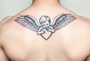 a child with wings hugging a heart sketch with minimal line work tattoo idea