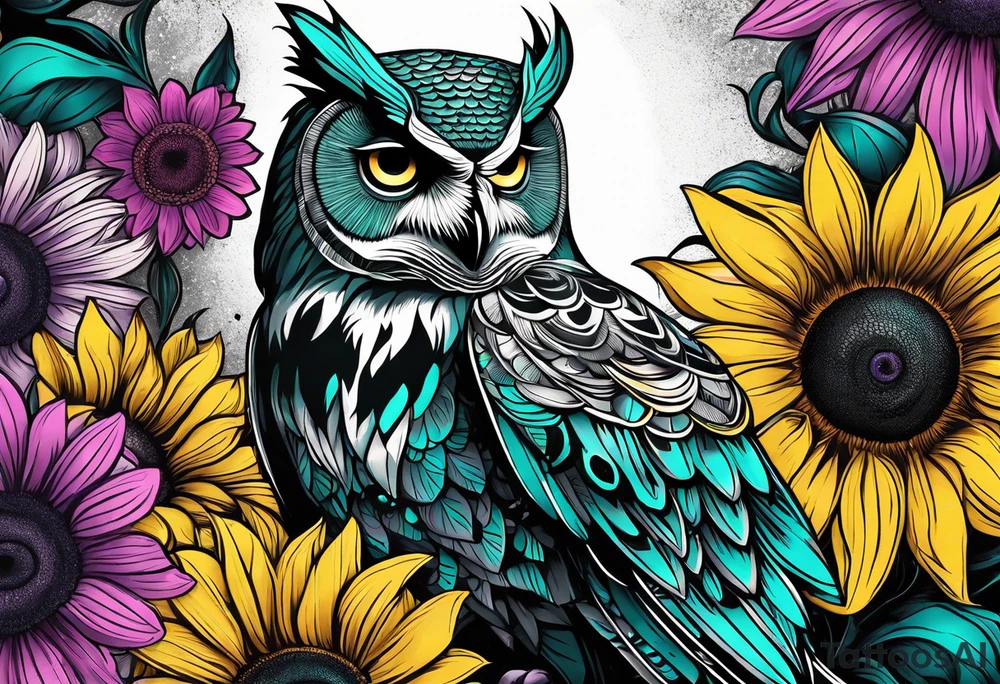 Black and white owl shaded teal, pink and purple surrounded by yellow sunflowers sleeve tattoo idea