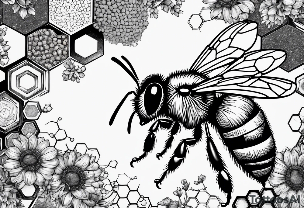 Bee surrounded by honeycombs but the honeycombs are made up of molecules like dopamine and serotonin and oxytocin tattoo idea