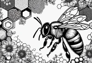 Bee surrounded by honeycombs but the honeycombs are made up of molecules like dopamine and serotonin and oxytocin tattoo idea
