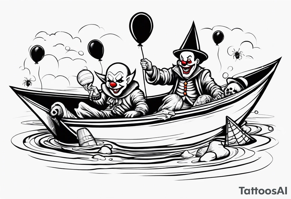 penny wise clown riding on a paper boat dragging skulls from other dead people behind him through the sewer system with a balloon covered in spiders tattoo idea