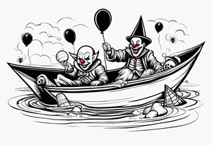 penny wise clown riding on a paper boat dragging skulls from other dead people behind him through the sewer system with a balloon covered in spiders tattoo idea