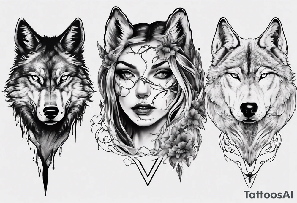Split woman wolf tattoo idea
