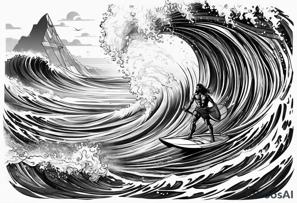 Poseidon im Vordergrund mit Windsurfer und Wellen im Hintergrund tattoo idea