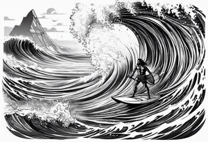 Poseidon im Vordergrund mit Windsurfer und Wellen im Hintergrund tattoo idea