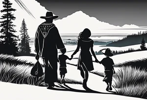 A shadow of a family of four walking through the Pacific northwest landscape. Father, Wife, Son, daughter.
 Faith centered and add Mexican culture .  Add border with importance of faith tattoo idea