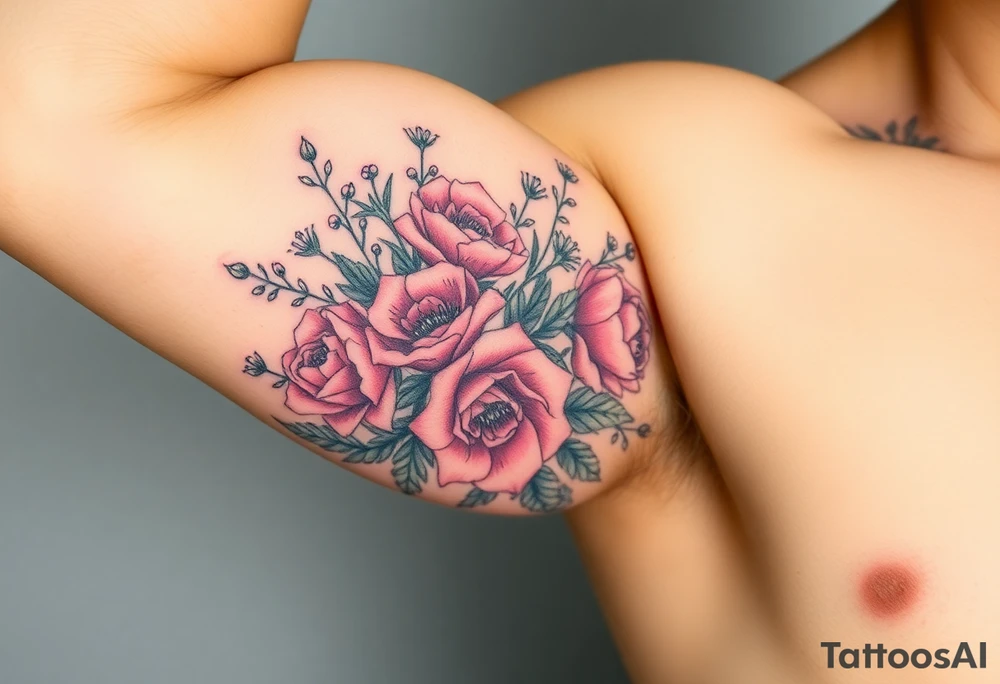 vintage bouquet of wild roses and meadow flowers with morning dew tattoo idea
