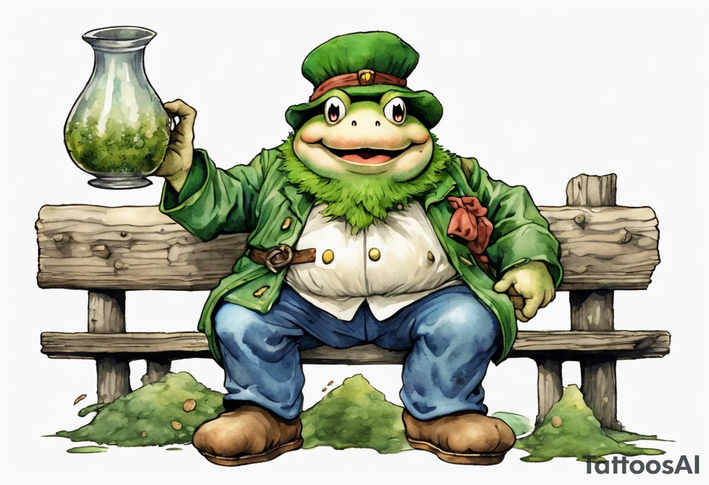 Toad from Super Mario Bros. with a long moss beard wearing a medieval tunic drinking from a wood cup, sitting on a bench laughing tattoo idea