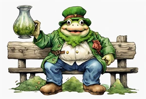 Toad from Super Mario Bros. with a long moss beard wearing a medieval tunic drinking from a wood cup, sitting on a bench laughing tattoo idea