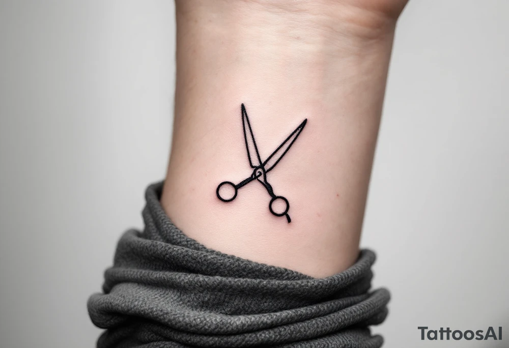 Minimalist Scissors Tattoo – Simple black outline of scissors with a thin, crisp line running through the blades, creating a clean and precise look, perfect for someone who enjoys minimalism and simplicity. tattoo idea