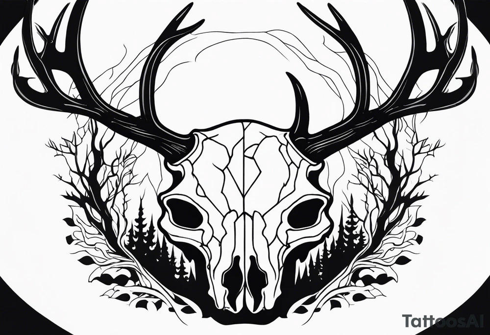 side profile of a DECAYING deer skull JUST BONE surrounded by a flames and trees tattoo idea