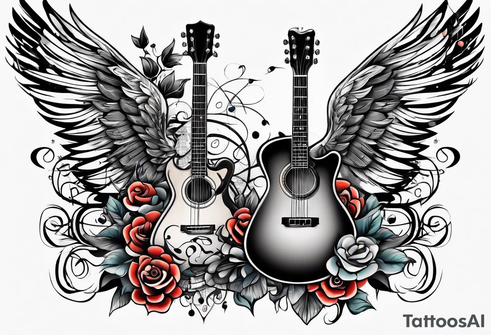 Microphone and musical notes and guitar and wings and female tattoo idea