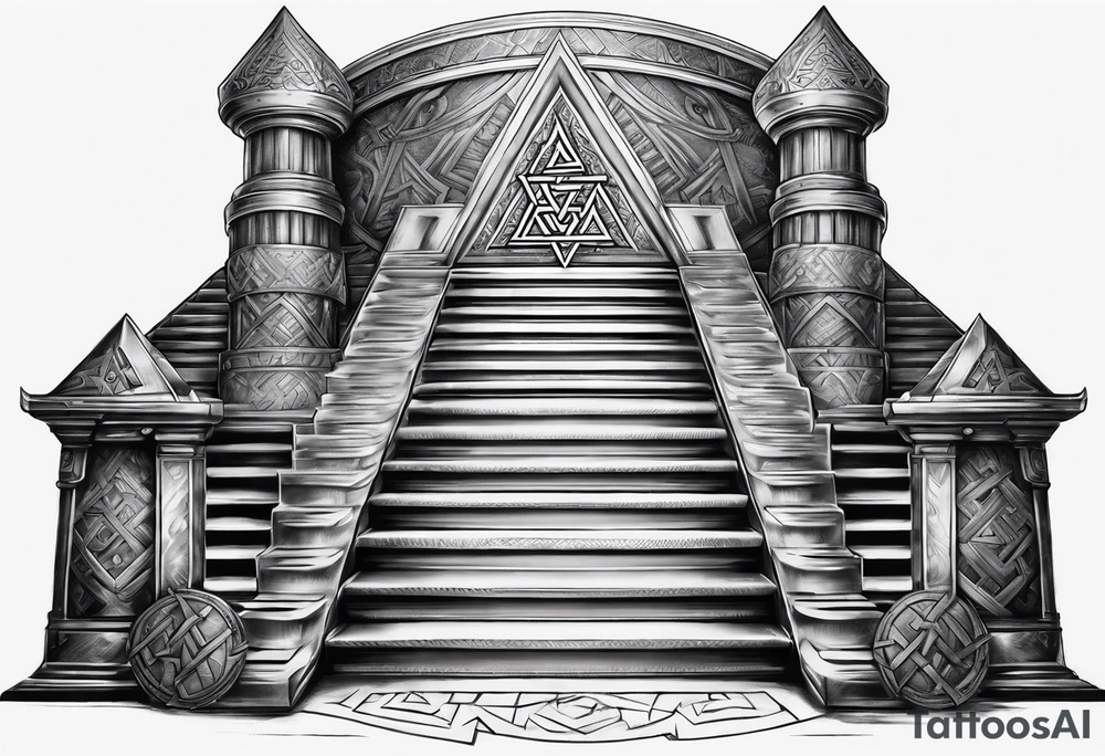 Valhalla sword shield  axe Valknut stairs tattoo idea