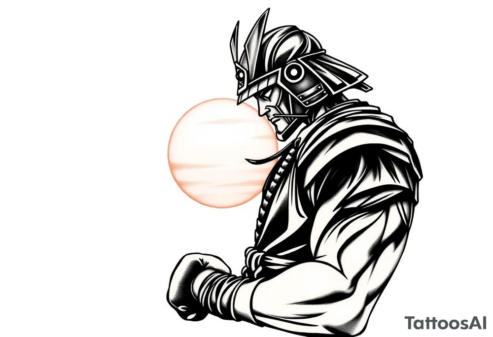 noble samurai warrior silhouette at sunset with boxing gloves tattoo idea