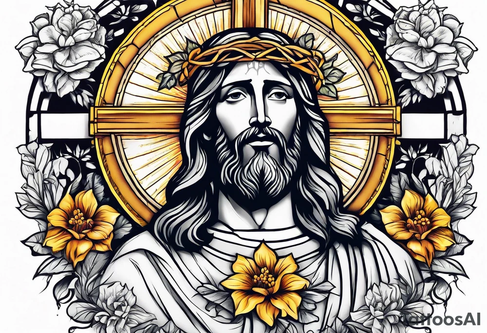 Jesus head with flowers and cross with light shining on him tattoo idea