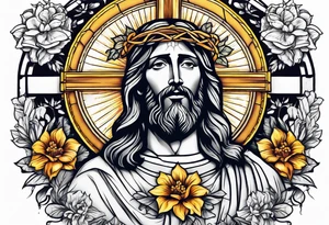 Jesus head with flowers and cross with light shining on him tattoo idea