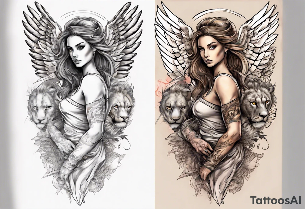Full arm sleeve with a female Angel warrior at the top of the sleeve with her wings wrapped around the top half of the arm until the elbow. At the bottom of the sleeve a females face with a lion tattoo idea