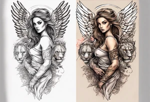 Full arm sleeve with a female Angel warrior at the top of the sleeve with her wings wrapped around the top half of the arm until the elbow. At the bottom of the sleeve a females face with a lion tattoo idea