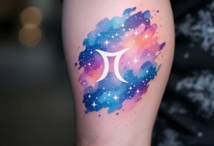 A pastel galaxy background highlights the Pisces star constellation in white ink for a dreamy celestial design tattoo idea