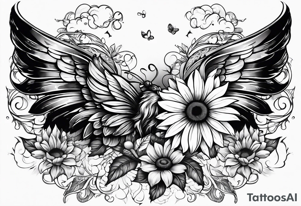 Sleeve with angel wings, sunflower and butterfly tattoo idea