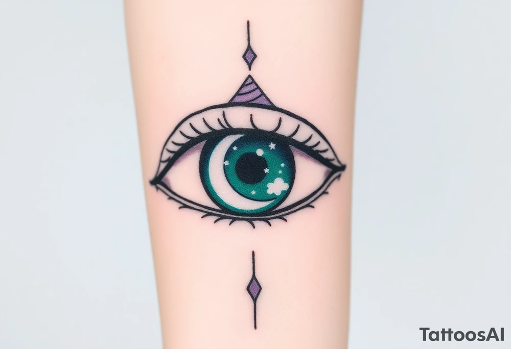 Large outline of an almond shaped eye with a spade shaped eyeball colored greenish blue with a crescent moon stars and clouds inside vivid colors blue green purple tattoo idea