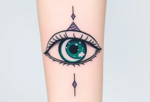 Large outline of an almond shaped eye with a spade shaped eyeball colored greenish blue with a crescent moon stars and clouds inside vivid colors blue green purple tattoo idea