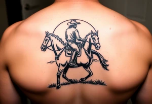 Cowboy riding a horse
 against a sunset tattoo idea