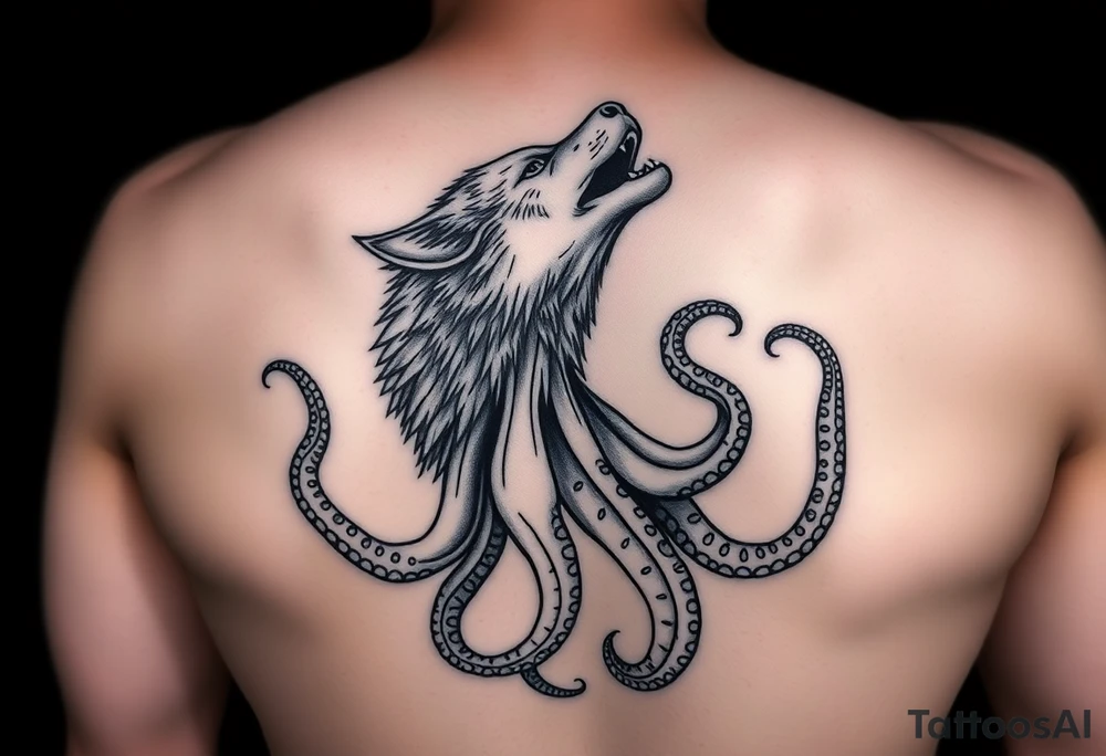 A surreal wolf octopus howling  in the arm tattoo idea