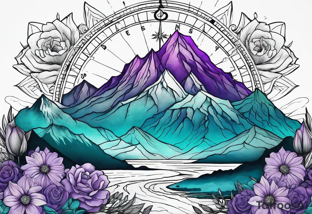 mountain in front of a compass rose 
with purple and teal sky, and purple and teal flowers in the foreground tattoo idea