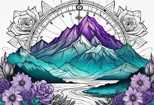 mountain in front of a compass rose 
with purple and teal sky, and purple and teal flowers in the foreground tattoo idea