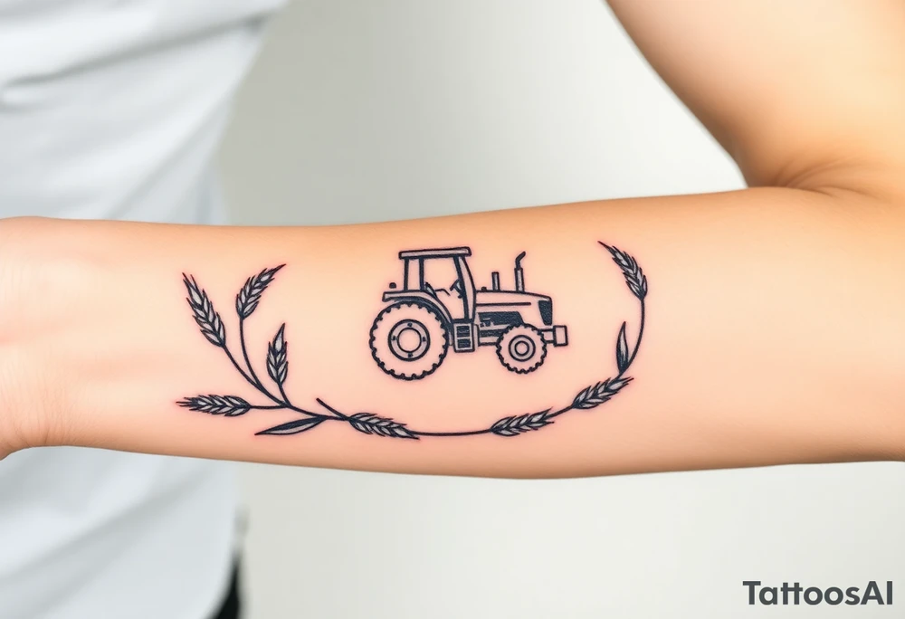 A tractor framed by a circular wreath of wheat and corn stalks, representing abundance and harvest. tattoo idea