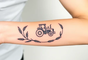 A tractor framed by a circular wreath of wheat and corn stalks, representing abundance and harvest. tattoo idea